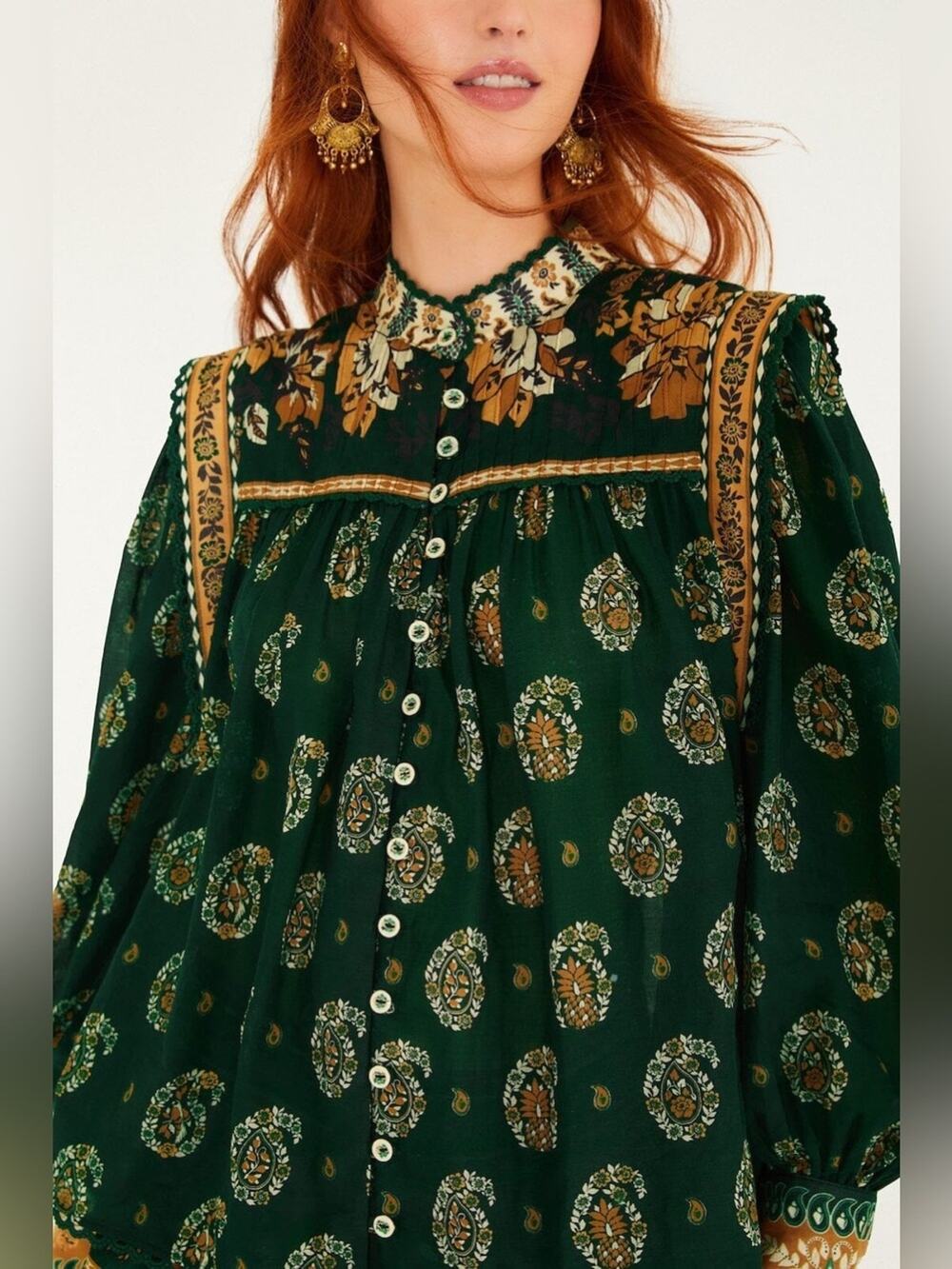 Farm Rio Green Tayla Lace Buttoned Puff Sleeve Blouse S
